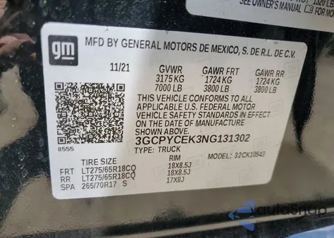 2022 Chevrolet Silverado Ltd K1500 Trail Boss Custom z USA, uszkodzony, nr VIN 3GCPYCEK3NG131302